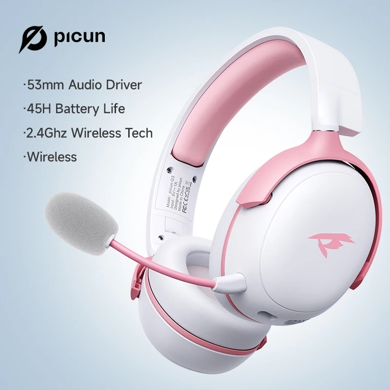 Headset Gamer Picun G3 Sem Fio 53mm 2.4GHz Baixa Latência Pink