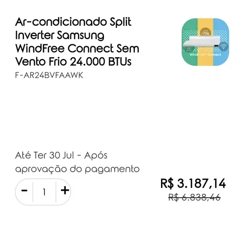(MEMBERS SAMSUNG) Ar-condicionado Split Inverter Samsung WindFree Connect Sem Vento Frio 24.000