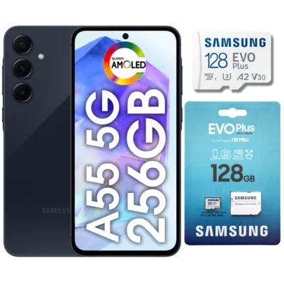 [ESTUDANTES] Smartphone Samsung Galaxy A55 5G Versão 256GB 8GB RAM Tela 6.6 + Cartão de Memória EVO Plus 128GB
