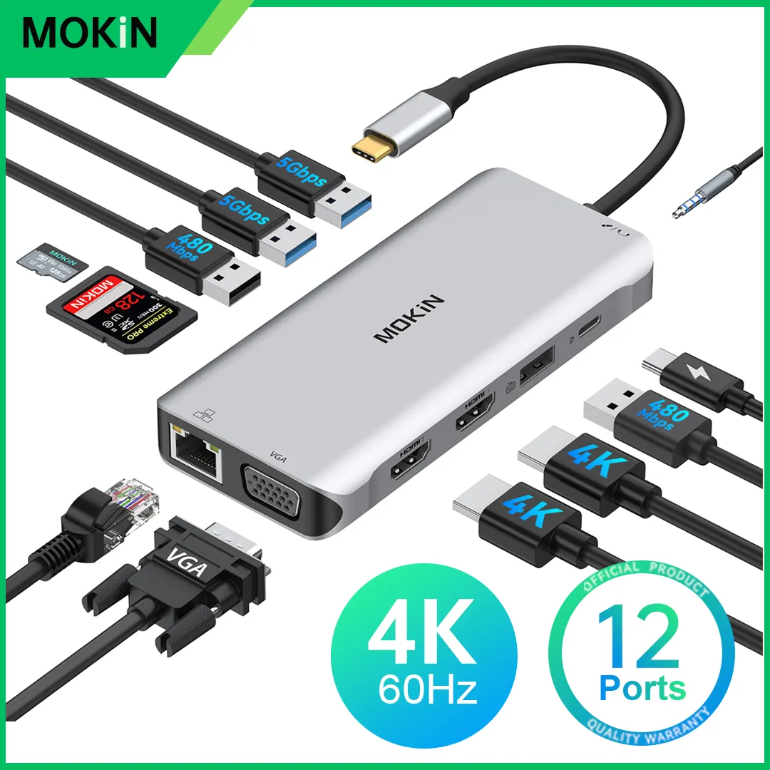 MOKN-USB Tipo C HUB, 4K, 60Hz, Tipo C para Dual HDMI, VGA, RJ45, USB 3.0, PD, 100W, Adaptador para Macbook Air Pro, iPad Pro M2, m1, acessórios do PC
