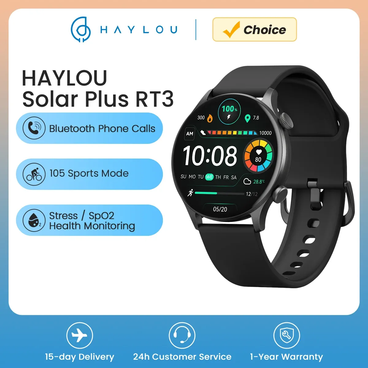 Relógio Inteligente HAYLOU Solar Plus RT3 Tela AMOLED de 1,43", Ligações Por Bluetooth e a Prova D'Água