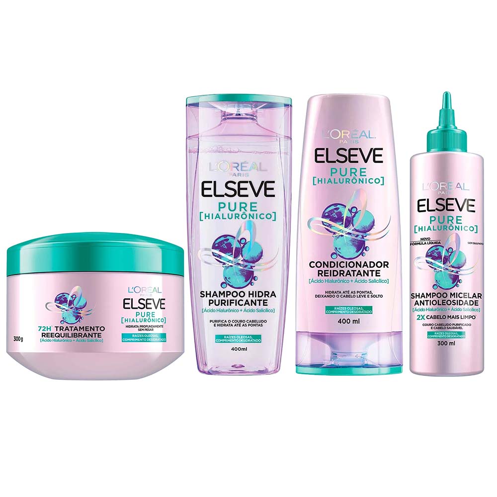 Kit Elseve Pure Hialurônico – Shampoo + Condicionador + Shampoo Micelar + Creme de Tratamento