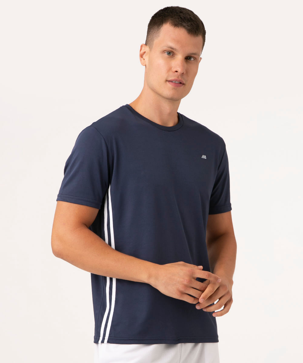 [LEVE 3 r$ 33] camiseta gola careca com listra lateral esportivo ace azul marinho