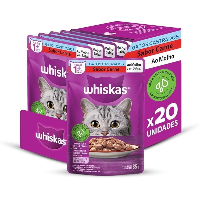 Pack Ração Úmida Whiskas Sachê Carne ao Molho para Gatos Adultos Castrados 85 g - 20 unidades