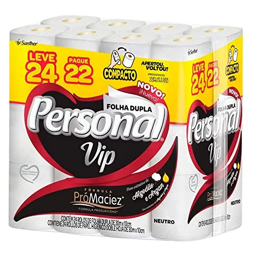 Personal VIP - Papel Higiênico Folha Dupla, Branco 24 unidades (Embalagem pode variar)