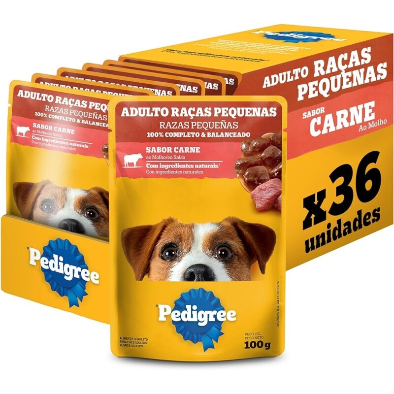 Pack Sachê Ração Úmida Pedigree Carne ao Molho Cães Adultos de Raças Pequenas 100g - 36 Sachês