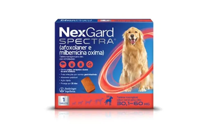 NexGard Spectra Antipulgas e Carrapatos e Vermífugo para Cães de 30,1 a 60kg - 1 tablete