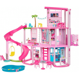 Barbie Casa de Bonecas Dos Sonhos com +75 peças Três Andares e Escorregador para Boneca Para Crianças A Partir de 3 anos