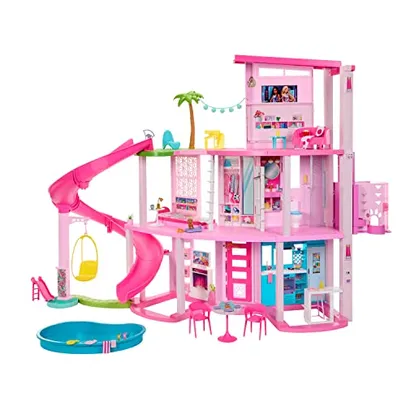 [PRIME] Barbie Casa de Bonecas Dos Sonhos com +75 peças, Três Andares e Escorregador para Boneca, Para Crianças A Partir de 3 anos