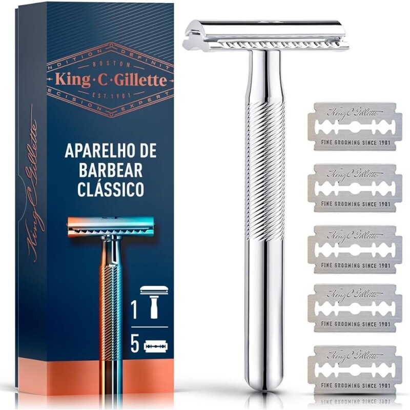 KING C GILLETTE Aparelho de Barbear Clássico + 5 Lâminas de barbear com Duplo Fio aço ino