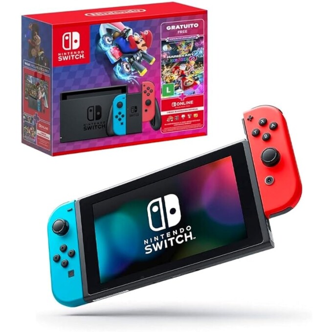 Console Nintendo Switch + Joy-Con Neon + Jogo Mario Kart 8 Deluxe + 3 Meses de Assinatura Nintendo Switch Online