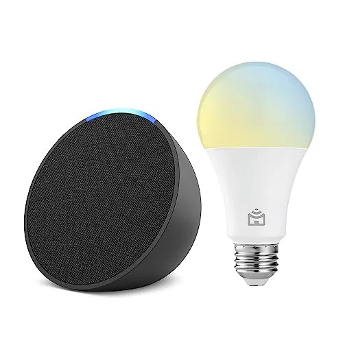 Echo Pop Smart speaker compacto com som envolvente e Alexa | Cor Preta + Lâmpada Positivo 9W
