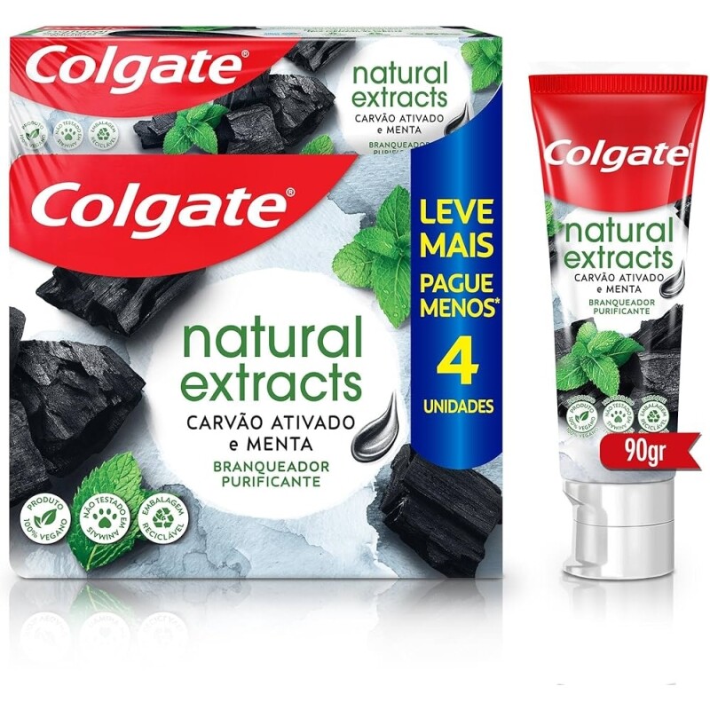 Creme Dental Colgate Natural Extracts Carvão Ativado e Menta - 4 Unidades de 90g