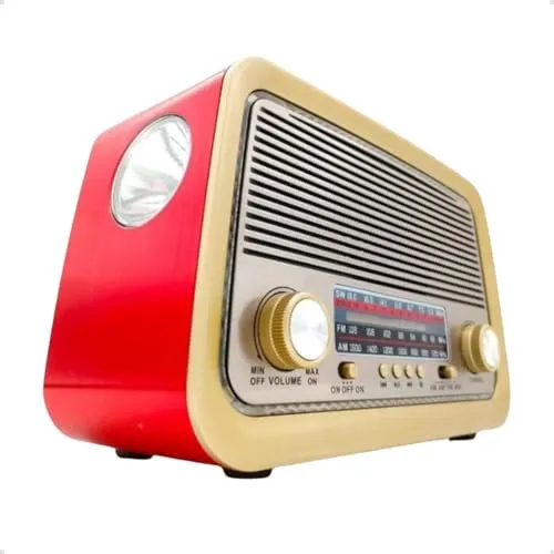 Rádio AM FM Retrô Vintage Portátil Bluetooth Bateria Recarregável Bivolt 110v 220v AD-3199 Antigo a Tomada e Pilha com Lanterna Univerza (Vermelho)