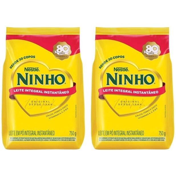 2 Unidades Sachê Leite em Pó Integral Instantâneo Nestlé Ninho - 750g