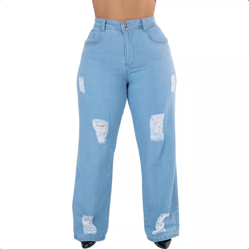 Calça Plus Size Jeans Feminina Wide Leg Levanta Bumbum