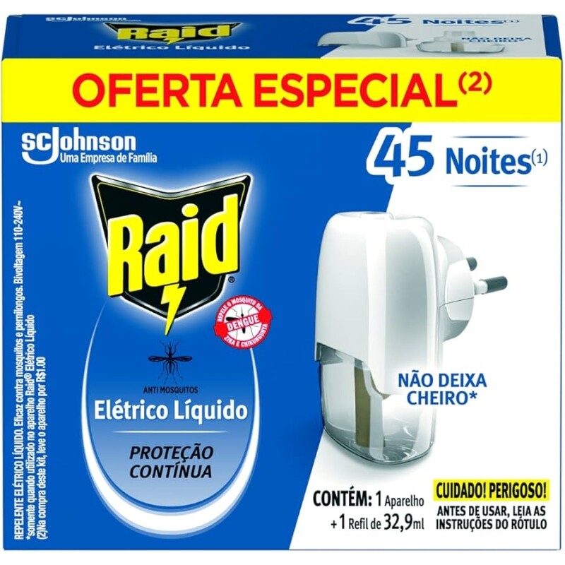 Repelente Elétrico Líquido Raid Anti Mosquitos 1 Aparelho + 1 Refil de 32,9ml