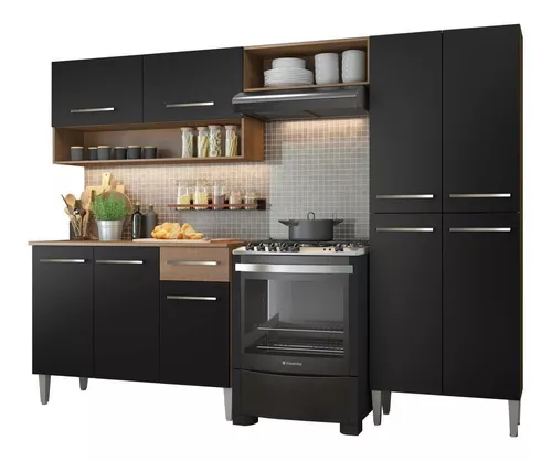 Armário de cozinha modulada completa compacta Emilly pop com armário e balcão cor rustic/preto GREM229002