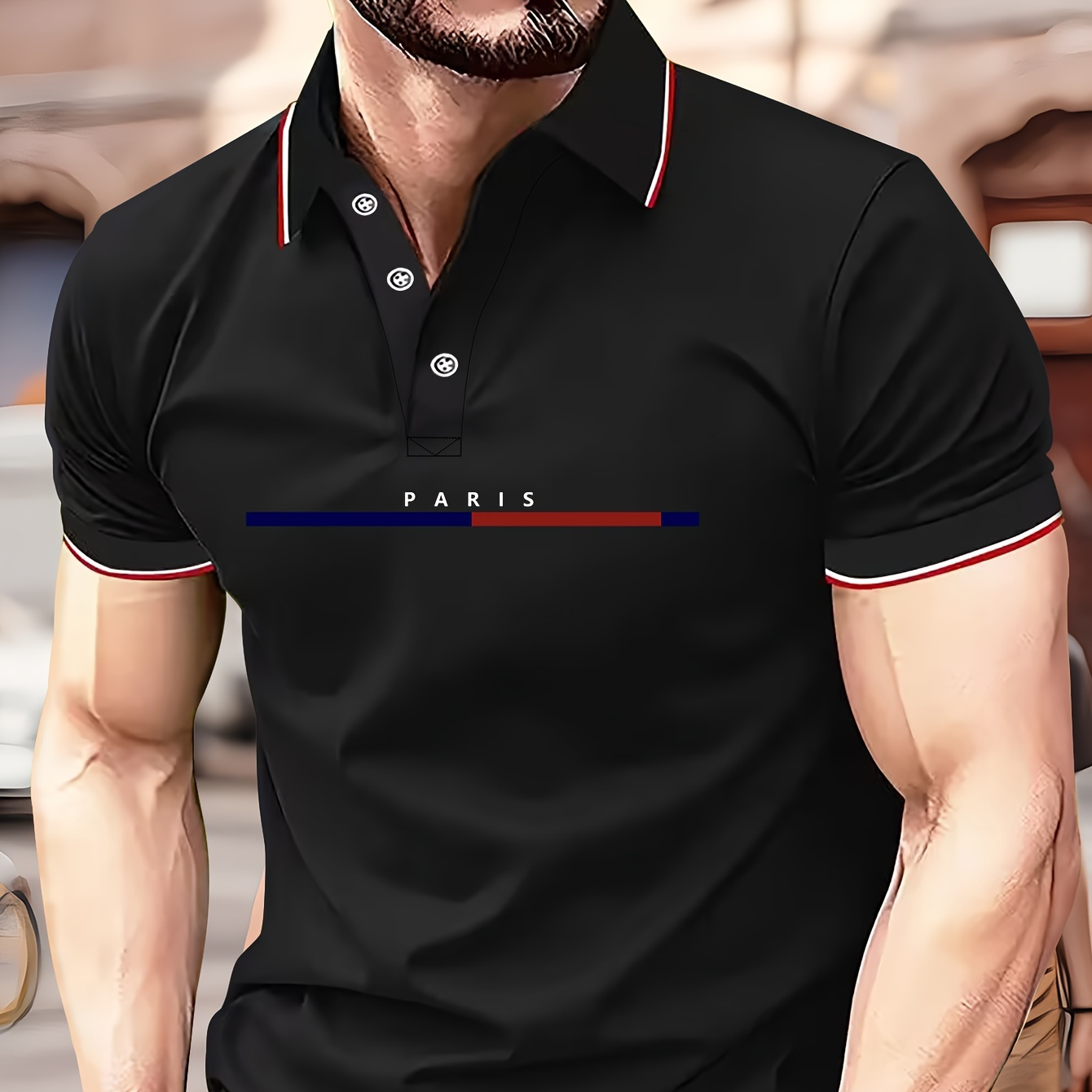 Camiseta de golfe casual de manga curta em poliéster com botões e leve elasticidade, estampada com listras azuis e vermelhas.