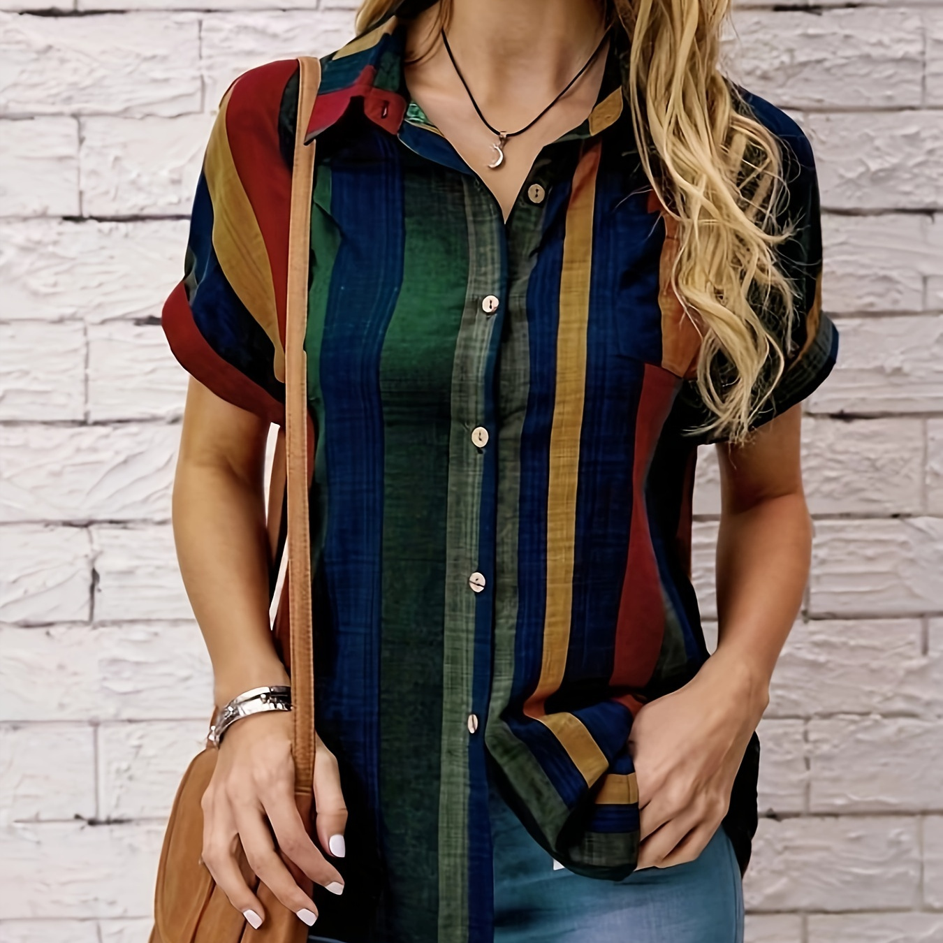 Blusa estampada com botões na frente, blusa vintage de manga curta para primavera e verão, roupas femininas