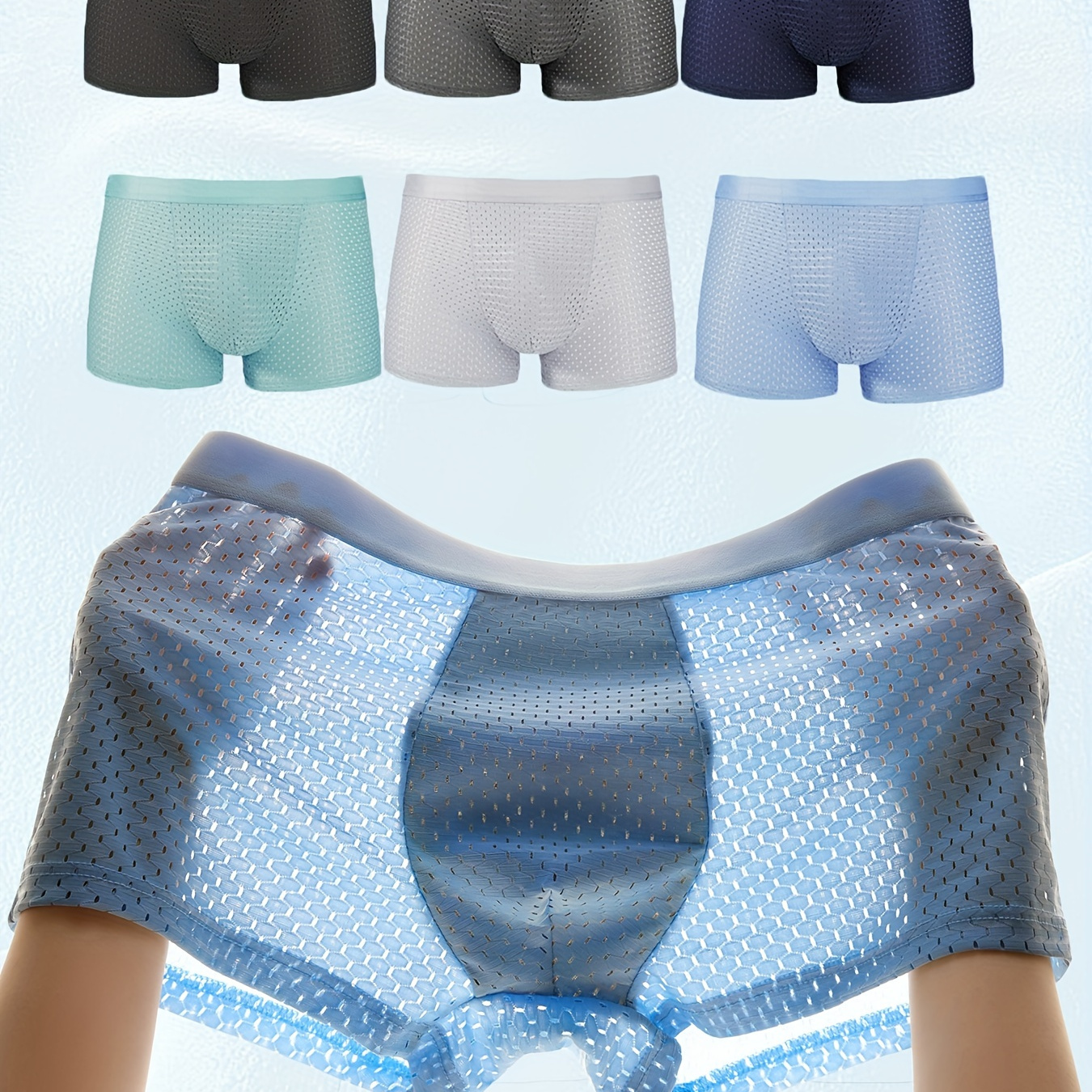 6 peças de roupa íntima masculina, cuecas boxer de seda gelada, shorts, malha interna antibacteriana de grafeno, confortáveis e elásticas.