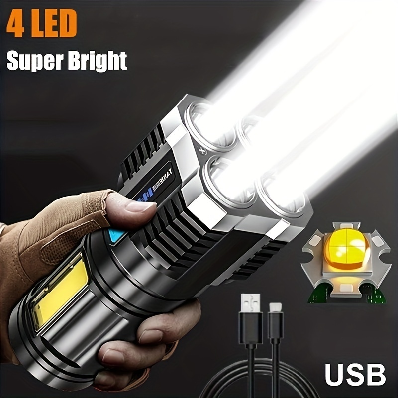 Lanterna LED, recarregável por USB, com alta luminosidade e luz tática com COB, 4X LED, lanterna super brilhante portátil para acampamentos ao ar livre e emergências