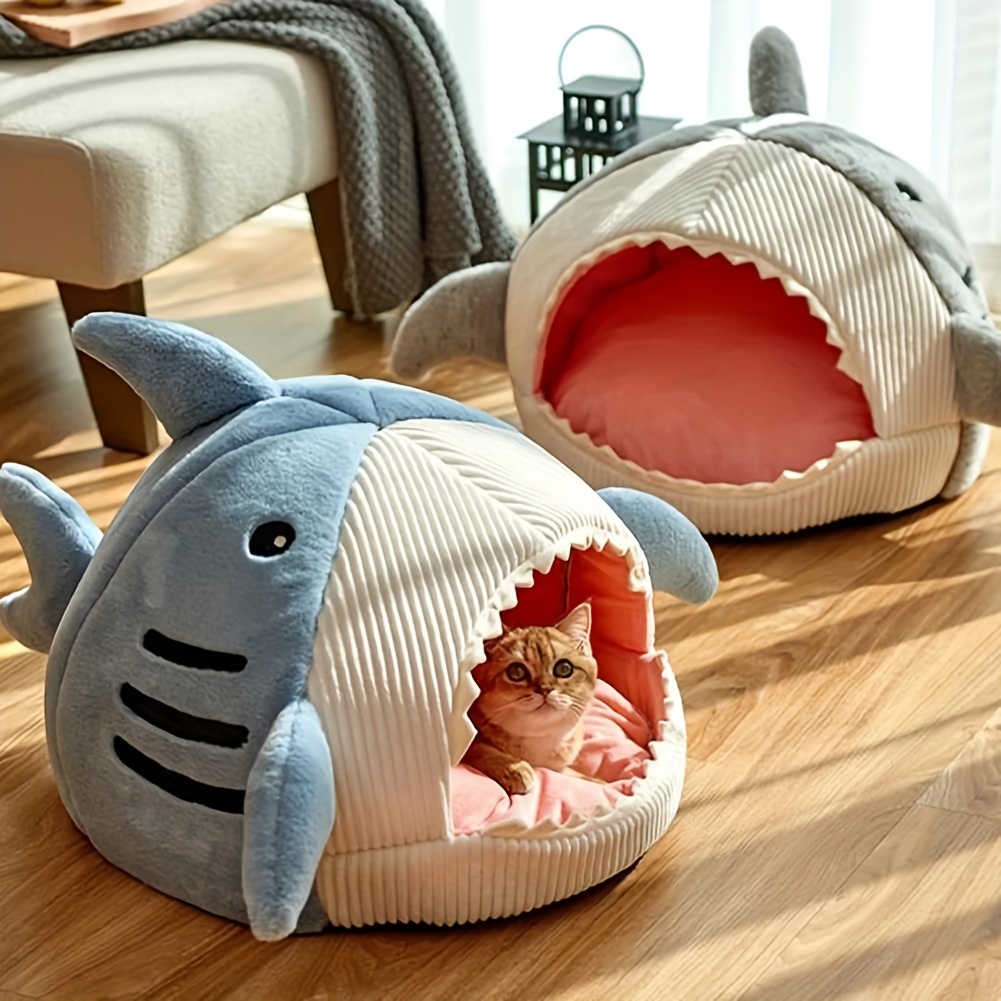 Cama aconchegante para gatos tubarão com fundo antiderrapante e almofada removível lavável - Perfeito para gatos e cães pequenos (Azul, P/M/G)