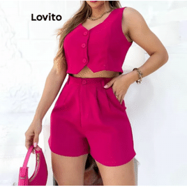 Conjunto Elegante Lovito Shorts com Botões Plissados