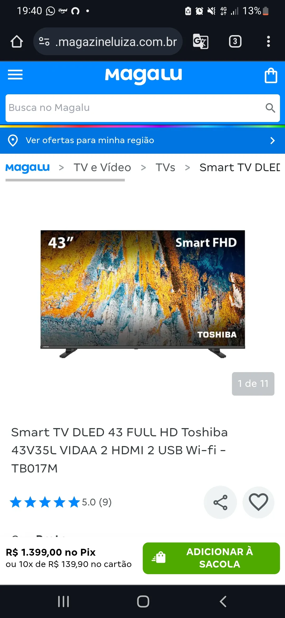 Smart TV DLED 43 FULL HD Toshiba 43V35L VIDAA 2 HDMI 2 USB Wi-fi - TB017M