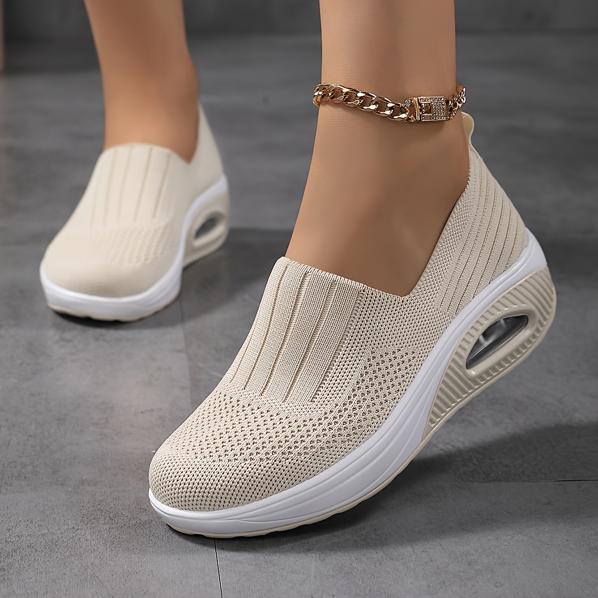 Tênis casuais de malha fashion, respiráveis e de fácil calce, com plataforma de amortecimento de ar, ideais para caminhadas ao ar livre, calçados femininos