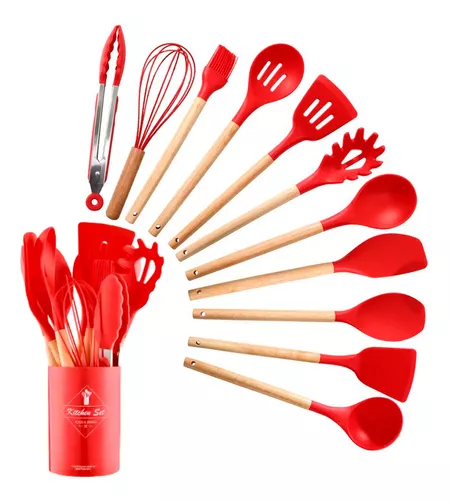 [Meli+] Kit C/12 Utensílios De Cozinha Silicone Cabo Madeira