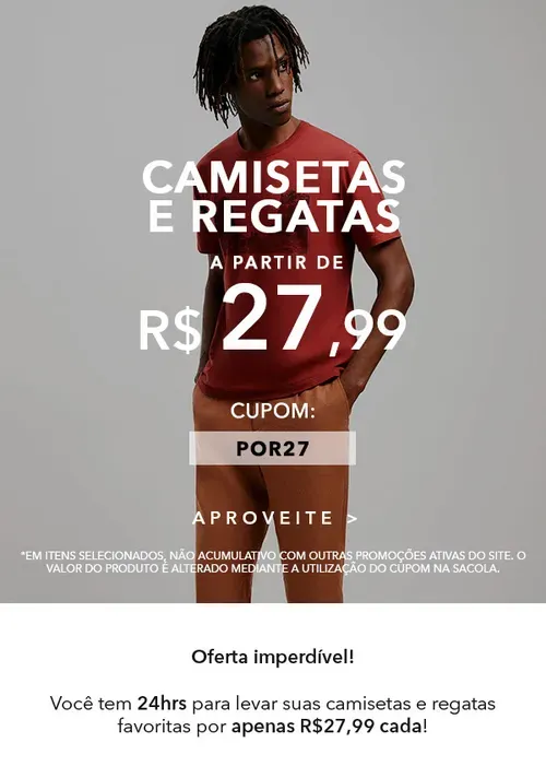 Camisetas e Regatas por R$ 27,99 na Hering Outlet