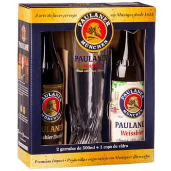 Kit Cerveja Alemã Paulaner Dunkel 500ml + Weissbier 500ml + Copo