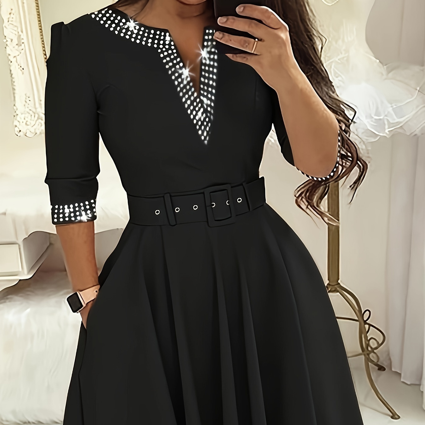 Vestido cinturado com decote em V adornado com pedrarias, Vestido balanço com babado elegante para primavera e outono, Roupas femininas para se vestir com elegância