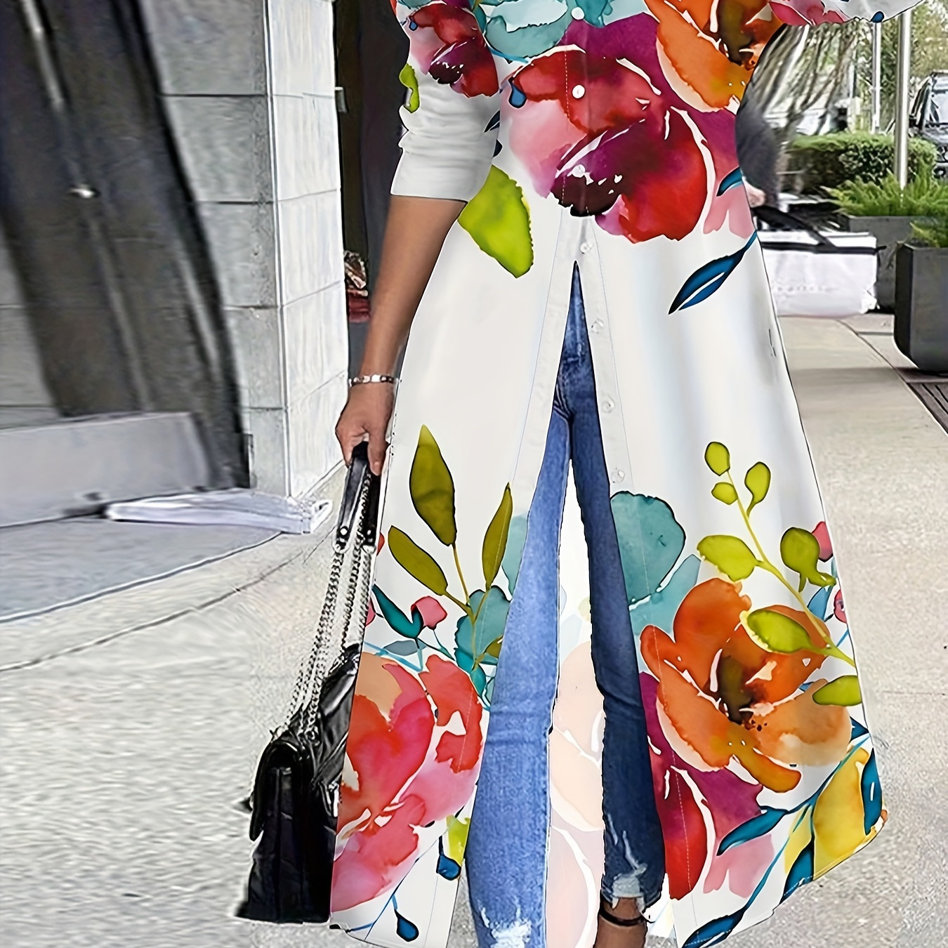 Túnica com botões com estampa floral, blusa casual de manga comprida para primavera e outono, roupas femininas