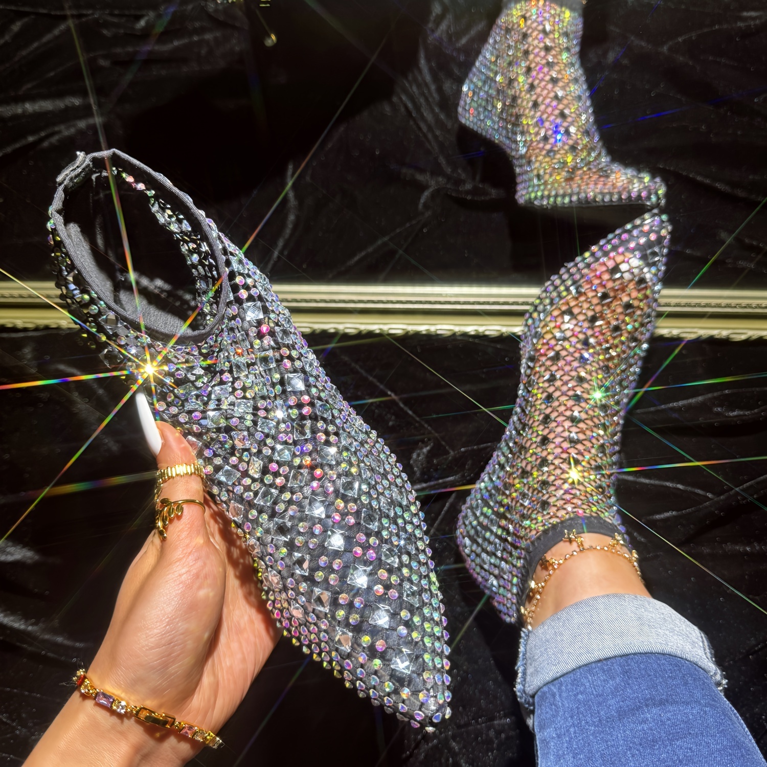 Sapatos De Salto Alto Com Strass E Rede Para Mulheres, Sandálias De Bico Fino E Deslizamento, Sapatos De Festa Brilhantes Com Salto Agulha