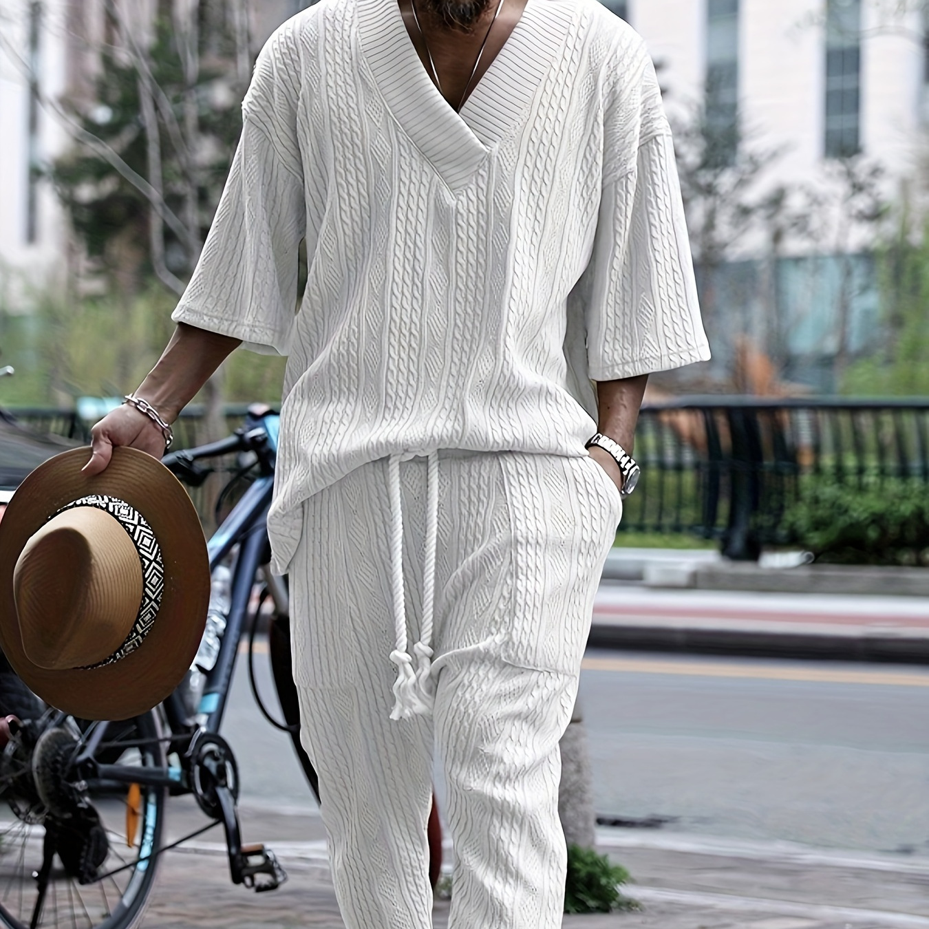 Conjunto de 2 peças casuais para homens, camisa de malha com decote em V e calças joggers afuniladas para primavera e outono, roupas masculinas para férias