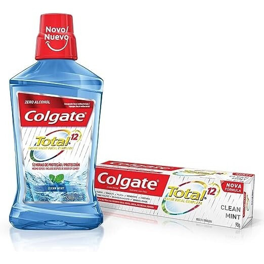 2 Unidades Enxaguante Bucal Colgate Total 12 Clean Mint 500Ml + Creme Dental Total 12 90G