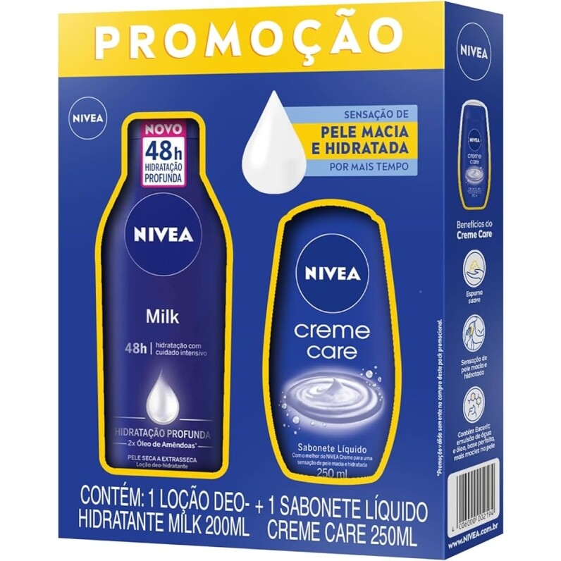Kit NIVEA Loção Hidratante Milk Pele Seca a Extrasseca 200ml + Sabonete Líquido Creme Care 250ml