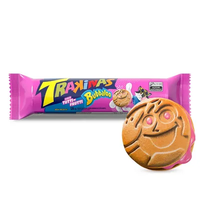 (Levando 3 R$6,59) Biscoito recheado Trakinas Bubbaloo tutti-frutti 126g