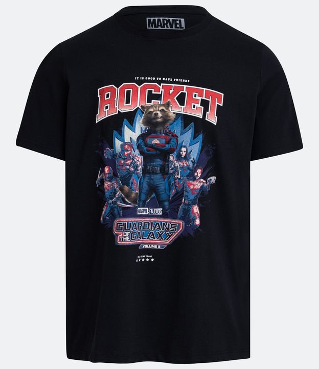 Camiseta Regular com Estampa Rocket Guardiões da Galáxia Preto