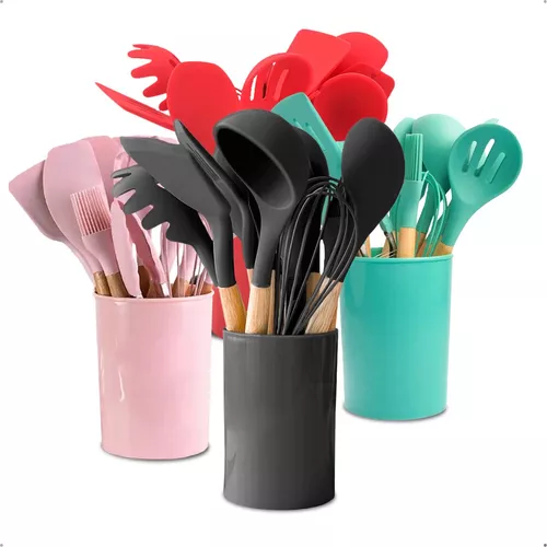 Kit 12 Utensílios De Cozinha Em Silicone E Cabo De Madeira