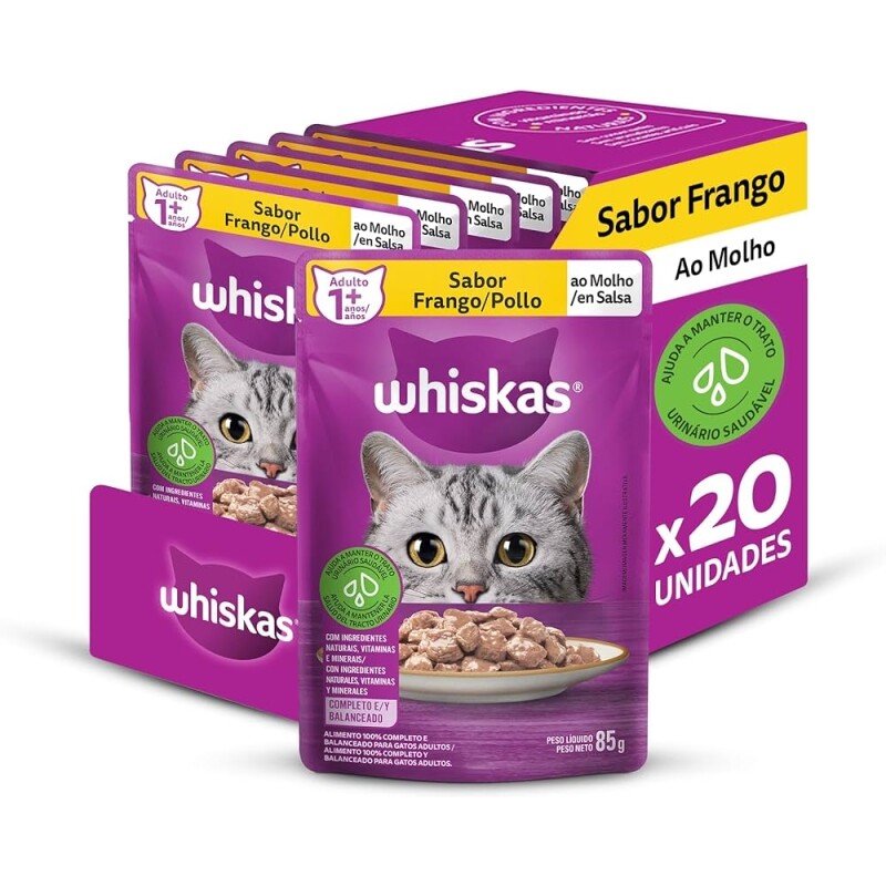 Pack Ração Úmida Whiskas Sachê Frango ao Molho para Gatos Adultos 85g - 20 Unidades