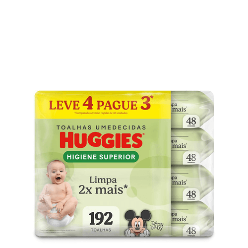 Lenço Umedecido Infantil Huggies Higiene Superior Limpa 2x Mais - 4 Pacotes com 48 Unidades