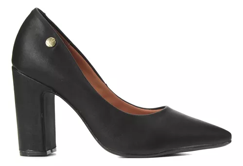 Scarpin Feminino Bico Fino Salto Bloco Alto Preto Vizzano