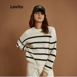 Suéter Listrado Lovito Casual Macio Alta Elasticidade(Off white)