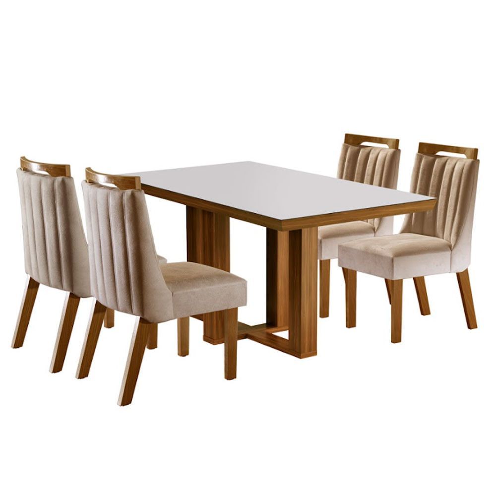 Conjunto Sala De Jantar Lottus Mesa Tampo Em Mdf E Vidro Com 4 Cadeiras Cinamomo/off White/bege