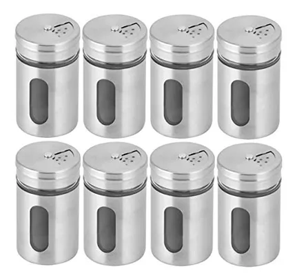 Kit com 8 Saleiros Porta Condimento Pimenta Pote Vidro Aço Inox Visor