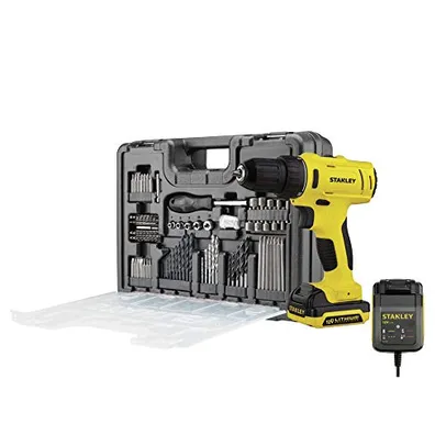 STANLEY Kit Parafusadeira e Furadeira de Impacto de 3/8 Pol. (10mm) a Bateria Bivolt 12V MAX Ion-Litio com 100 Acessórios 110V SCH121S1KA