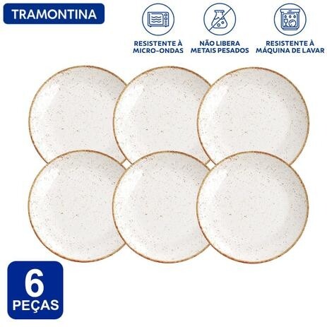 Aparelho de Jantar Jogo de Pratos Rasos Tramontina Rústico Marrom Porcelana Decorada 6 Peças